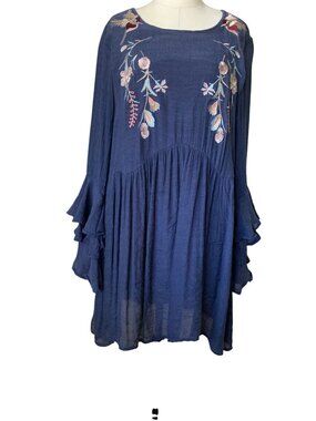 Umgee Floral Embroidered Boho Tunic/ baby doll or long top  With Ruffled Sleeves